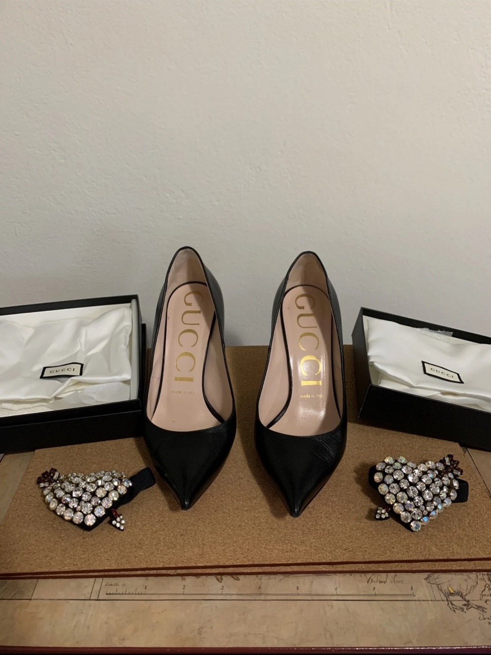 Gucci Black Leather Crystal Heart Mary Jane Pumps - Picture 11 of 13